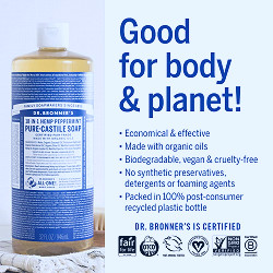 Amazon.com : Dr. Bronner's - Pure-Castile Liquid Soap (Peppermint, 32  ounce) - Made with Organic Oils, 18-in-1 Uses: Face, Body, Hair, Laundry,  Pets and Dishes, Concentrated, Vegan, Non-GMO : Beauty Products :
